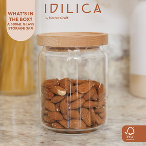 KitchenCraft Idilica 500Ml Glass Storage Jar With Beechwood Lid